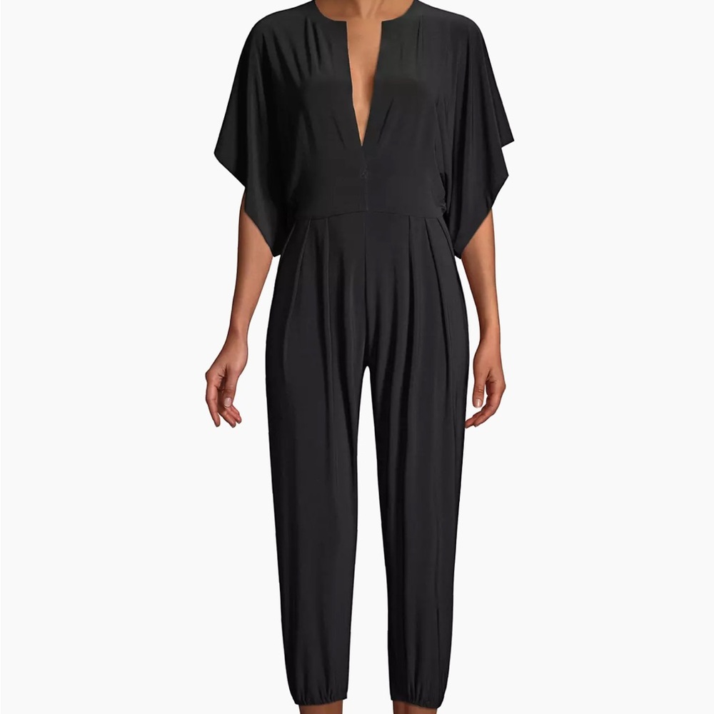 Norma Kamali Rectangle Jog Stretch Cape-Sleeve Jumpsuit Small Black